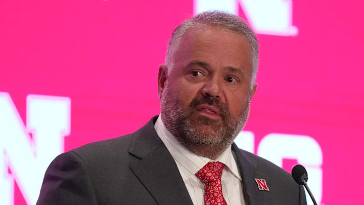 Jul 22, 2025; Las Vegas, NV, USA; Nebraska head coach Matt Rhule speaks to the media during the Big Ten NCAA college football media days at Mandalay Bay Resort. Mandatory Credit: Lucas Peltier-Imagn Images