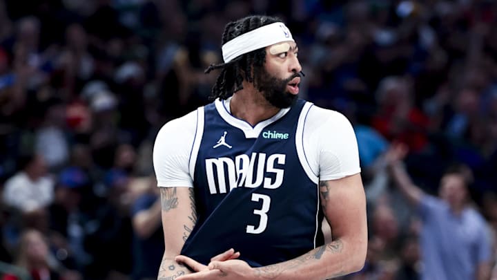 Apr 2, 2025; Dallas, Texas, USA;  Dallas Mavericks forward Anthony Davis (3) reacts after scoring against the Atlanta Hawks during the third quarter at American Airlines Center. Mandatory Credit: Kevin Jairaj-Imagn Images
