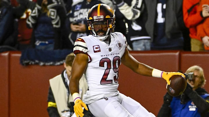 Jan 8, 2023; Landover, Maryland, USA; Washington Commanders cornerback Kendall Fuller (29) returns an interception for a touchdown against the Dallas Cowboys during the first half at FedExField. Mandatory Credit: Brad Mills-Imagn Images