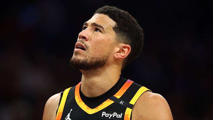 Phoenix Suns guard Devin Booker (1) reacts after a play against the Oklahoma City Thunder during the first half at Footprint Center on April 9, 2025. Phoenix Suns guard Devin Booker (1) reacts after a play against the Oklahoma City Thunder during the first half at Footprint Center on April 9, 2025.