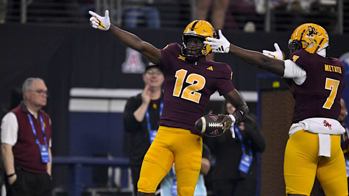 Arizona State Sun Devils wide receiver Malik McClain (12) and tight end Chamon Metayer (7)