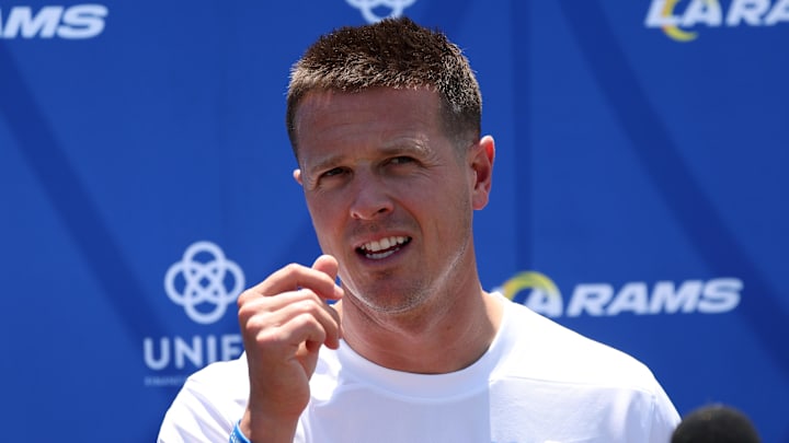 Jul 31, 2024; Los Angeles, CA, USA;  Los Angeles Rams offensive coordinator Mike LaFleur speaks to the media after training camp at Loyola Marymount University. Mandatory Credit: Kiyoshi Mio-Imagn Images