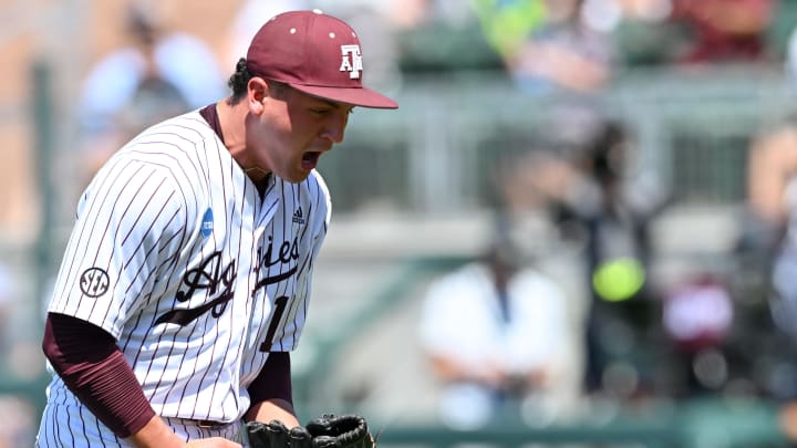 Jun 8, 2024; College Station, TX, USA; Texas A&M pitcher Chris Cortez (10) reacts after striking out the last batter of the sixth inning against the Oregon at Olsen Field, Blue Bell Park Mandatory Credit: Maria Lysaker-USA TODAY Sports