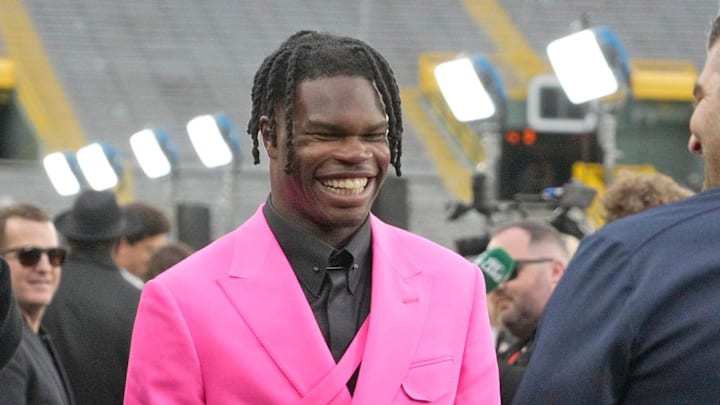 NFL draft prospect, Colorado Buffaloes wide receiver Travis Hunter, arrives during the NFL Draft Red Carpet event at Lambeau Field in Green Bay on Thursday, April 24, 2025.