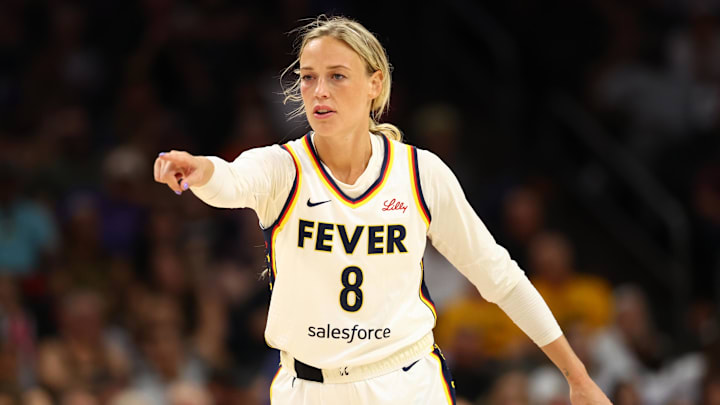Aug 7, 2025; Phoenix, Arizona, USA; Indiana Fever guard Sophie Cunningham (8) reacts against the Phoenix Mercury during an WNBA game at PHX Arena. Mandatory Credit: Mark J. Rebilas-Imagn Images