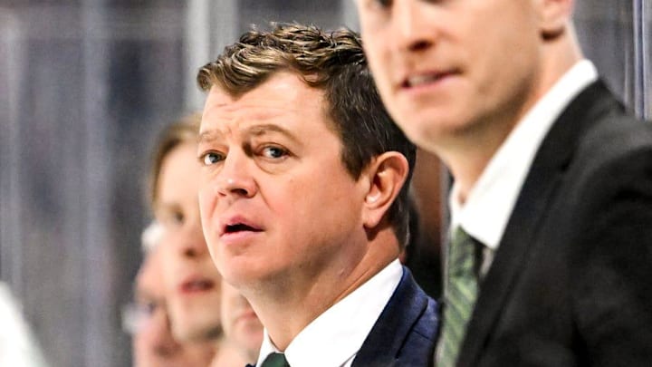 Michigan State's head coach Adam Nightingale looks on against Minnesota during the second period on Saturday, Jan. 25, 2025, at Munn Arena in East Lansing.