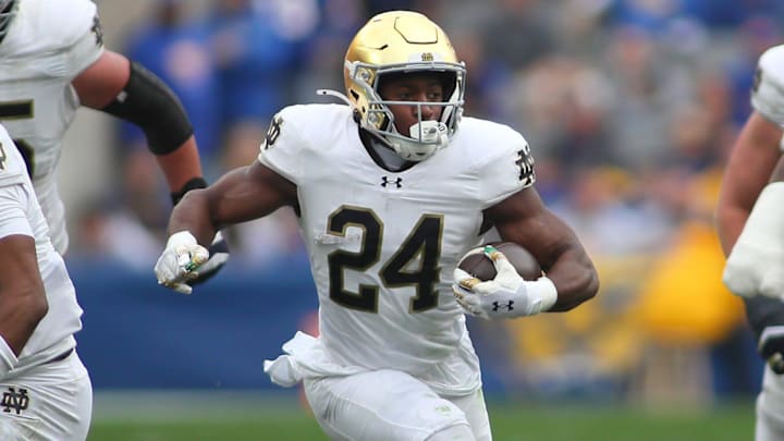 Notre Dame Fighting Irish running back Jadarian Price (24) sprints downfield after finding a hole in the Pittsburgh Panthers defensive line during the first half at Acrisure Stadium in Pittsburgh, PA on November 15, 2025.
