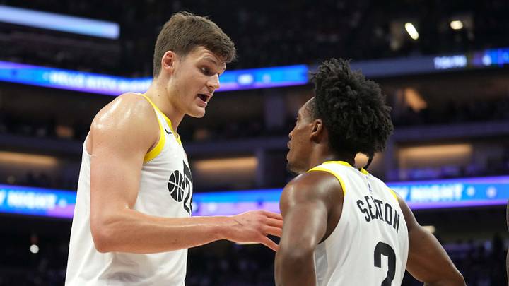 Mar 31, 2024; Sacramento, California, USA; Utah Jazz center Walker Kessler (left) talks with guard Collin Sexton (2) during halftime against the Sacramento Kings at Golden 1 Center. Mandatory Credit: Darren Yamashita-USA TODAY Sports Mar 31, 2024; Sacramento, California, USA; Utah Jazz center Walker Kessler (left) talks with guard Collin Sexton (2) during halftime against the Sacramento Kings at Golden 1 Center. Mandatory Credit: Darren Yamashita-USA TODAY Sports