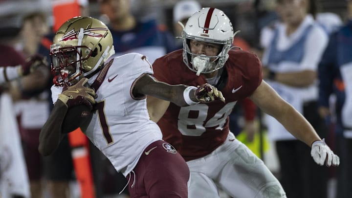 Florida State wide receiver Lawayne McCoy (7) runs with the ball during the fourth quarter of the Seminoles' loss against the Stanford.