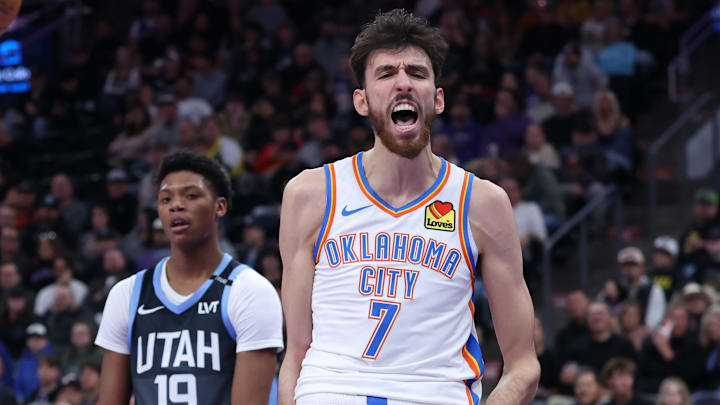 Dec 7, 2025; Salt Lake City, Utah, USA; Oklahoma City Thunder center Chet Holmgren (7) reacts after a dunk against the Utah Jazz during the second quarter at Delta Center. Mandatory Credit: Rob Gray-Imagn Images