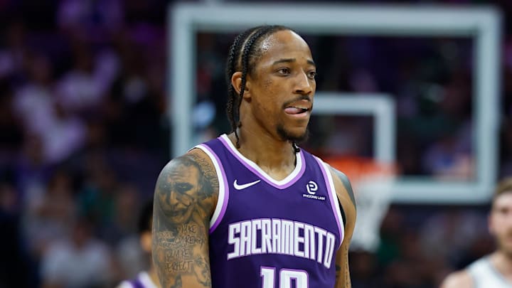 Mar 17, 2026; Sacramento, California, USA; Sacramento Kings guard DeMar DeRozan (10) walks back to the court during the first quarter against the San Antonio Spurs at Golden 1 Center. Mar 17, 2026; Sacramento, California, USA; Sacramento Kings guard DeMar DeRozan (10) walks back to the court during the first quarter against the San Antonio Spurs at Golden 1 Center.