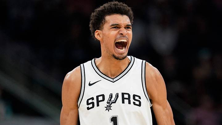 Nov 11, 2024; San Antonio, Texas, USA; San Antonio Spurs center Victor Wembanyama (1) reacts during the second half against the Sacramento Kings at Frost Bank Center. Mandatory Credit: Scott Wachter-Imagn Images