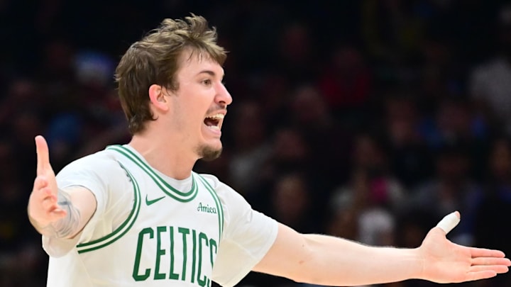 Mar 8, 2026; Cleveland, Ohio, USA; Boston Celtics guard Baylor Scheierman (55) reacts after a play against the Cleveland Cavaliers during the second half at Rocket Arena. Mandatory Credit: Ken Blaze-Imagn Images