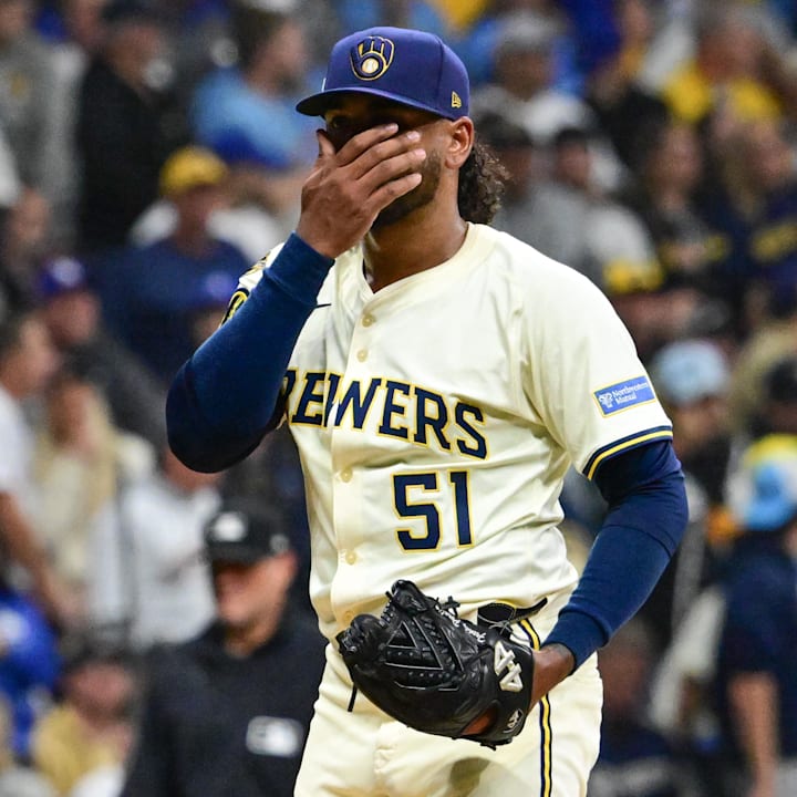 Milwaukee Brewers pitcher Freddy Peralta (51) reacts on October 14, 2025