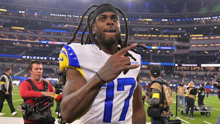 Nov 23, 2025; Inglewood, California, USA; Los Angeles Rams wide receiver Davante Adams (17) leaves the field after the game against the Tampa Bay Buccaneers at SoFi Stadium. Mandatory Credit: Jayne Kamin-Oncea-Imagn Images