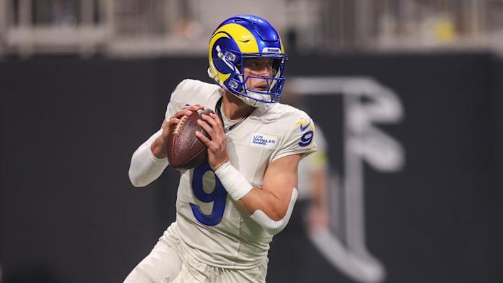 Dec 29, 2025; Atlanta, Georgia, USA; Los Angeles Rams quarterback Matthew Stafford (9) drops back to pass against the Atlanta Falcons in the first quarter at Mercedes-Benz Stadium. Mandatory Credit: Brett Davis-Imagn Images Dec 29, 2025; Atlanta, Georgia, USA; Los Angeles Rams quarterback Matthew Stafford (9) drops back to pass against the Atlanta Falcons in the first quarter at Mercedes-Benz Stadium. Mandatory Credit: Brett Davis-Imagn Images