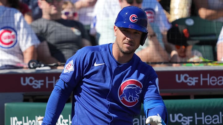 Feb 22, 2026; Scottsdale, Arizona, USA; Chicago Cubs third baseman Alex Bregman (3) gets ready to hit against the San Francisco Giants in the first inning at Scottsdale Stadium. Mandatory Credit: Rick Scuteri-Imagn Images