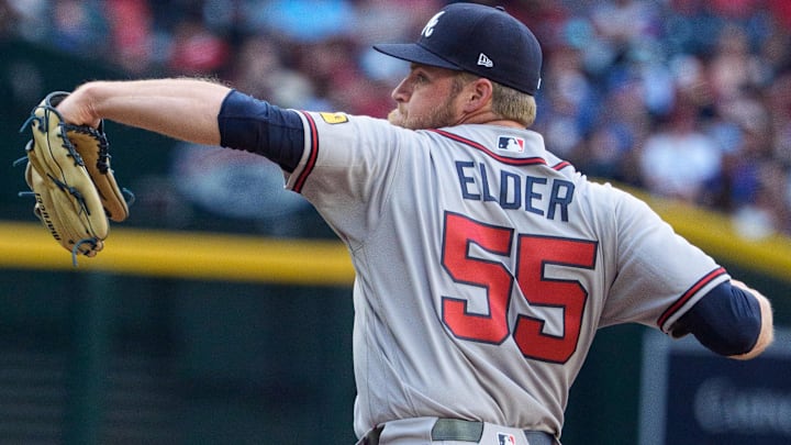 Apr 4, 2026; Phoenix, Arizona, USA; Atlanta Braves pitcher Bryce Elder (55) on the mound to pitch in the second inning of a game against the Arizona Diamondbacks at Chase Field. Apr 4, 2026; Phoenix, Arizona, USA; Atlanta Braves pitcher Bryce Elder (55) on the mound to pitch in the second inning of a game against the Arizona Diamondbacks at Chase Field.