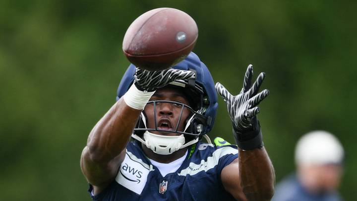 Jul 25, 2026; Renton, WA, USA; Seattle Seahawks running back Jadarian Price (8) catches a pass during the first training camp at Virginia Mason Athletic Center. Mandatory Credit: Steven Bisig-Imagn Images Jul 25, 2026; Renton, WA, USA; Seattle Seahawks running back Jadarian Price (8) catches a pass during the first training camp at Virginia Mason Athletic Center. Mandatory Credit: Steven Bisig-Imagn Images