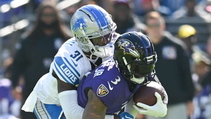Former Baltimore Ravens wide receiver Odell Beckham Jr. (3) is tackles by Detroit Lions safety Kerby Joseph (31) Former Baltimore Ravens wide receiver Odell Beckham Jr. (3) is tackles by Detroit Lions safety Kerby Joseph (31)