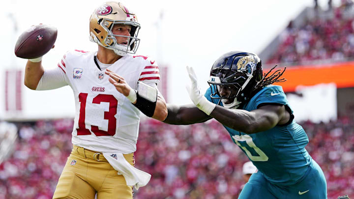 San Francisco 49ers quarterback Brock Purdy (13) passes the ball during the first half against the Jacksonville Jaguars at Levi's Stadium.