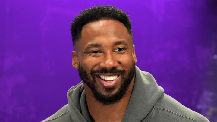 Cleveland Browns defensive end Myles Garrett speaks to media at Radio Row ahead of Super Bowl LIX.