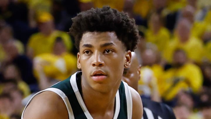 Mar 8, 2026; Ann Arbor, Michigan, USA;  Michigan State Spartans guard Jeremy Fears Jr. (1) dribbles against the Michigan Wolverines at Crisler Center. Mandatory Credit: Rick Osentoski-Imagn Images