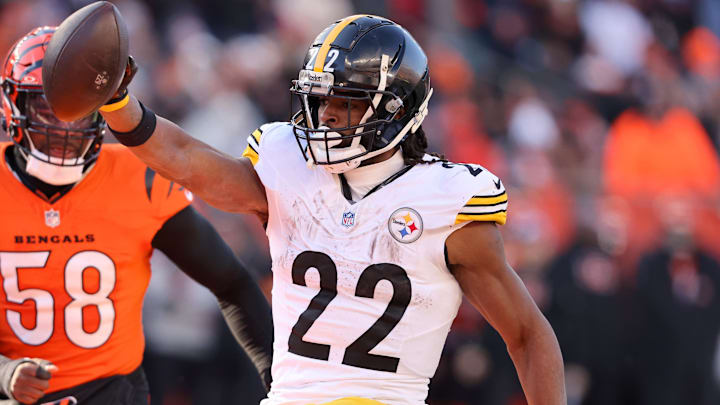 Dec 1, 2024; Cincinnati, Ohio, USA; Pittsburgh Steelers running back Najee Harris (22) runs in for the touchdown during the second quarter against the Cincinnati Bengals at Paycor Stadium. Mandatory Credit: Joseph Maiorana-Imagn Images Dec 1, 2024; Cincinnati, Ohio, USA; Pittsburgh Steelers running back Najee Harris (22) runs in for the touchdown during the second quarter against the Cincinnati Bengals at Paycor Stadium. Mandatory Credit: Joseph Maiorana-Imagn Images