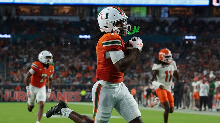 Miami wide receiver Malachi Toney scores a touchdown against Florida A&M in Week 2. Miami wide receiver Malachi Toney scores a touchdown against Florida A&M in Week 2.