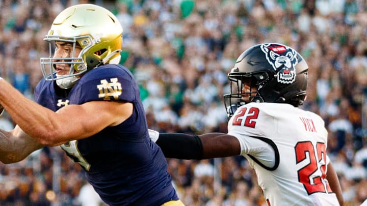 Notre Dame tight end Eli Raridon, left, catches a pass in the second half of an NCAA football game against NC State at Notre Dame Stadium on Saturday, Oct. 11, 2025, in South Bend. Notre Dame tight end Eli Raridon, left, catches a pass in the second half of an NCAA football game against NC State at Notre Dame Stadium on Saturday, Oct. 11, 2025, in South Bend.