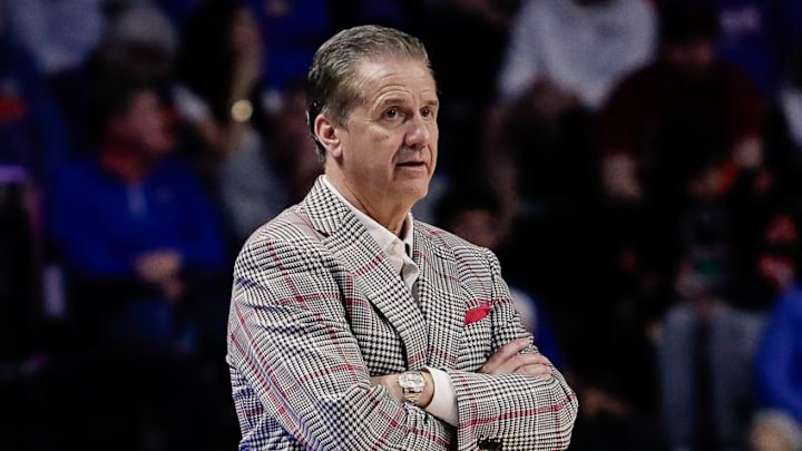 Arkansas Razorbacks coach John Calipari coaches against the Florida Gators during the second half at Exactech Arena at the Stephen C. O'Connell Center.