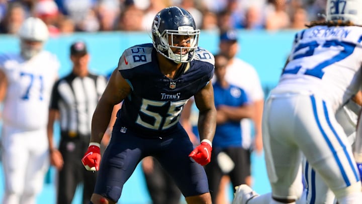 Oct 13, 2024; Nashville, Tennessee, USA;  Tennessee Titans linebacker Harold Landry III (58) against the Indianapolis Colts during the second half at Nissan Stadium. Mandatory Credit: Steve Roberts-Imagn Images