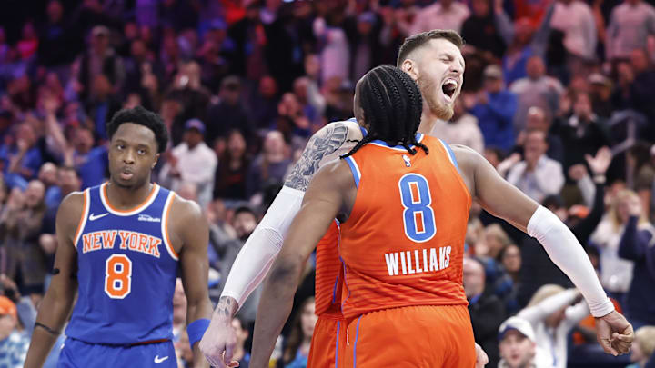 Jan 3, 2025; Oklahoma City, Oklahoma, USA; Oklahoma City Thunder center Isaiah Hartenstein (55) celebrates with forward Jalen Williams (8) after Jalen dunks against the New York Knicks during the second half at Paycom Center. Mandatory Credit: Alonzo Adams-Imagn Images