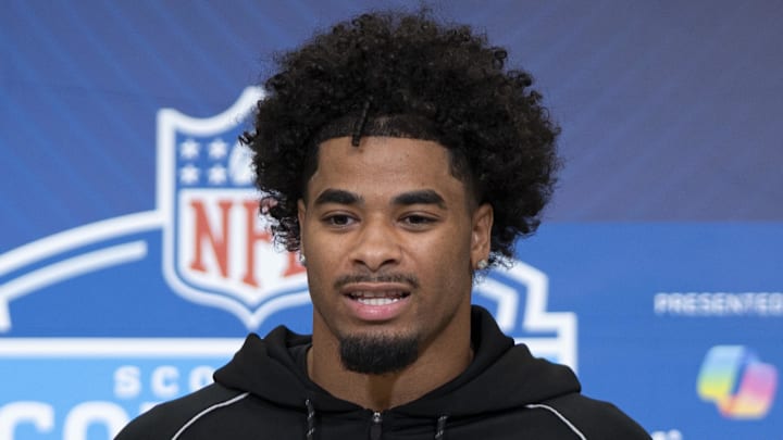 Feb 26, 2026; Indianapolis, IN, USA; LSU defensive back Mansoor Delane (DB06) speaks to media members during the NFL Combine at the Indiana Convention Center. Mandatory Credit: Jacob Musselman-Imagn Images
