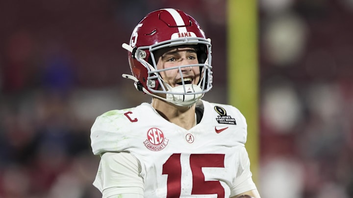 Dec 19, 2025; Norman, OK, USA; Alabama Crimson Tide quarterback Ty Simpson (15) celebrates a win after a game against the  Oklahoma Sooners at Gaylord Family OK Memorial Stadium. Mandatory Credit: Nelson Chenault-Imagn Images