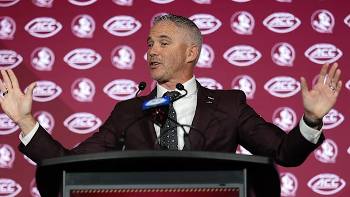 Jul 23, 2025; Charlotte, NC, USA; aFlorida State head coach Mike Norvell answers questions from the media during ACC Media days at Hilton Charlotte Uptown. Mandatory Credit: Jim Dedmon-Imagn Images Jul 23, 2025; Charlotte, NC, USA; aFlorida State head coach Mike Norvell answers questions from the media during ACC Media days at Hilton Charlotte Uptown. Mandatory Credit: Jim Dedmon-Imagn Images