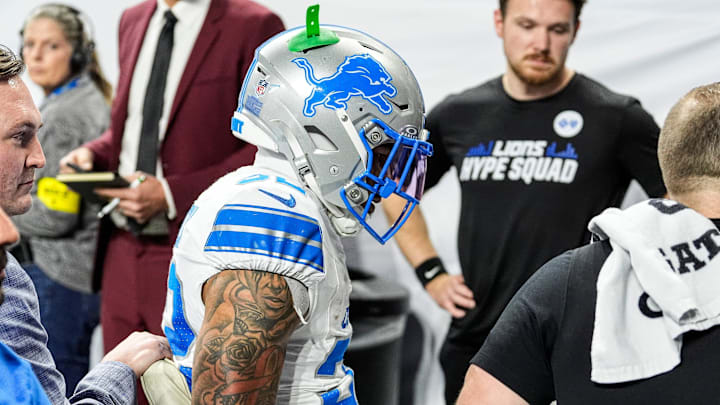 Detroit Lions safety Brian Branch (32) is carted off the field due to injury during the second half against Dallas Cowboys 