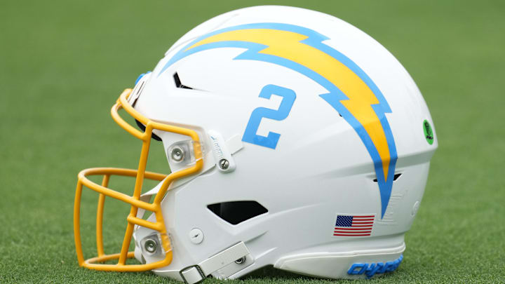 Jun 13, 2023; Costa Mesa, CA, USA; Los Angeles Chargers helmet of quarterback Easton Stick (2) during minicamp at the Hoag Performance Center. Mandatory Credit: Kirby Lee-Imagn Images