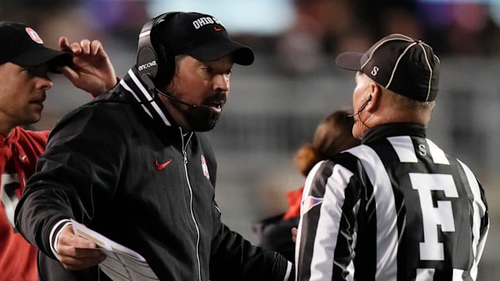 Oct 28, 2023; Madison, Wisconsin, USA; Ohio State Buckeyes head coach Ryan Day argues with officials during the NCAA football game against the Wisconsin Badgers at Camp Randall Stadium. Ohio State won 24-10. Oct 28, 2023; Madison, Wisconsin, USA; Ohio State Buckeyes head coach Ryan Day argues with officials during the NCAA football game against the Wisconsin Badgers at Camp Randall Stadium. Ohio State won 24-10.