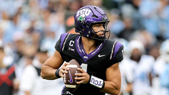 TCU Horned Frogs quarterback Jaden Craig (1) looks to pass against the North Carolina Tar Heels in the first half at Aviva Stadium. TCU Horned Frogs quarterback Jaden Craig (1) looks to pass against the North Carolina Tar Heels in the first half at Aviva Stadium.
