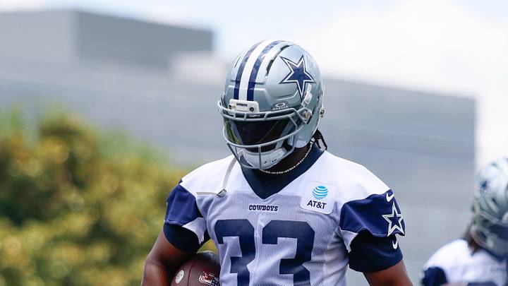 Jun 16, 2026; Dallas, TX, USA;  Dallas Cowboys running back Javonte Williams (33) goes through a drill during practice at the Ford Center at the Star Training Facility in Frisco, Texas. Mandatory Credit: Chris Jones-Imagn Images