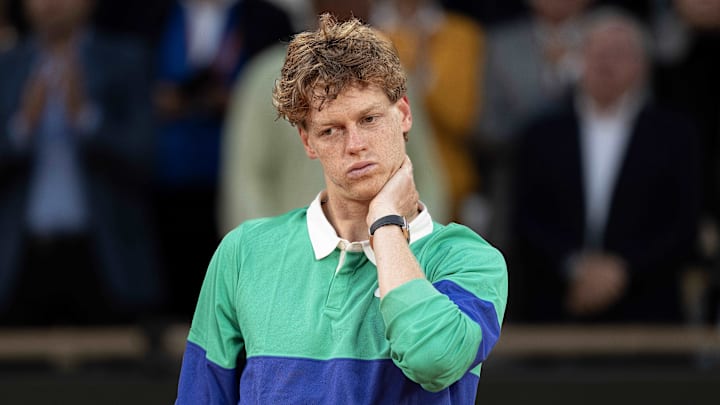 Sinner of Italy poses at the trophy presentation after the men’s singles final against Alcaraz of Spain on day 15 at Roland Garros Stadium.  
