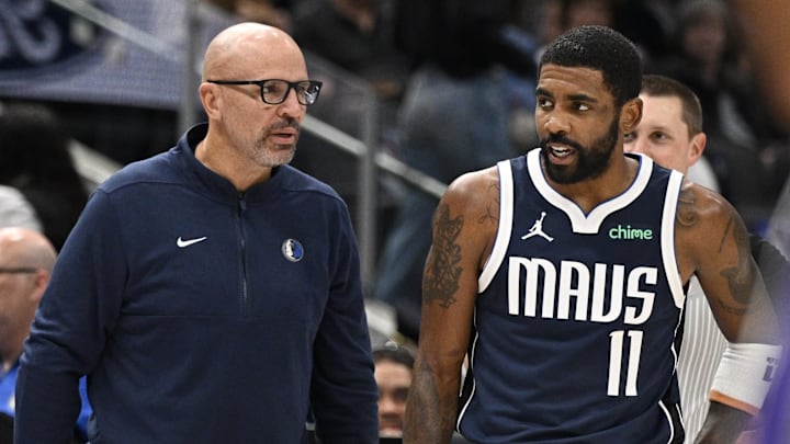 Nov 19, 2023; Dallas, Texas, USA; Dallas Mavericks head coach Jason Kidd talks with guard Kyrie Irving (11) during the first quarter against the Sacramento Kings at the American Airlines Center. Mandatory Credit: Jerome Miron-Imagn Images
