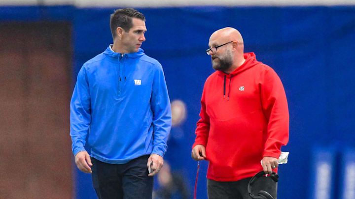 Jun 17, 2025; East Rutherford, NJ, USA; New York Giants general manager Joe Schoen (left) and head coach Brian Daboll talk during minicamp at Quest Diagnostics Training Center. Mandatory Credit: John Jones-Imagn Images