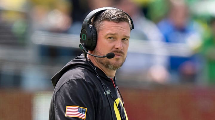Oregon coach Dan Lanning oversees his team as the Fighting Ducks face off against Mighty Oregon in the Oregon Ducks spring game on April 26, 2025, at Autzen Stadium in Eugene.