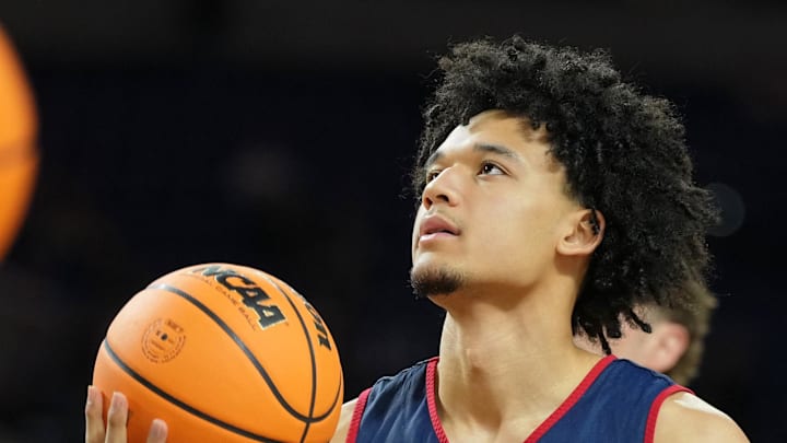 Apr 3, 2026; Indianapolis, IN, USA; Arizona Wildcats guard Brayden Burries (5) looks on during a practice session ahead of the Final Four of the men's 2026 NCAA Tournament at Lucas Oil Stadium. Mandatory Credit: Robert Deutsch-Imagn Images Apr 3, 2026; Indianapolis, IN, USA; Arizona Wildcats guard Brayden Burries (5) looks on during a practice session ahead of the Final Four of the men's 2026 NCAA Tournament at Lucas Oil Stadium. Mandatory Credit: Robert Deutsch-Imagn Images