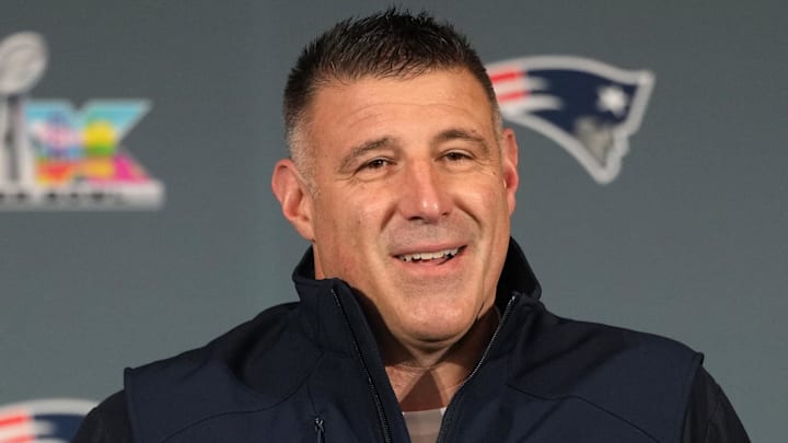 Feb 5, 2026; Santa Clara, CA, USA; New England Patriots head coach Mike Vrabel talks to media members at the Santa Clara Marriott. Mandatory Credit: Darren Yamashita-Imagn Images