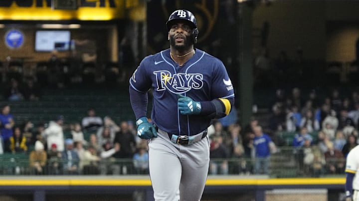 Apr 1, 2026; Milwaukee, Wisconsin, USA; Tampa Bay Rays first baseman Yandy Díaz (2) rounds the bases after hitting a home run against the Milwaukee Brewers in the third inning at American Family Field. 