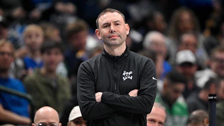 Jan 14, 2026; Dallas, Texas, USA; Denver Nuggets head coach David Adelman looks on during the game against the Dallas Mavericks at the American Airlines Center. Mandatory Credit: Jerome Miron-Imagn Images