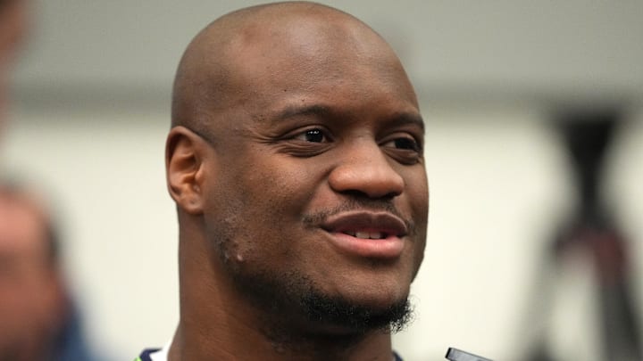 Feb 4, 2026; San Jose, CA, USA; Seattle Seahawks running back Kenneth Walker III (9) speaks to the media at the San Jose Convention Center. Mandatory Credit: Cary Edmondson-Imagn Images